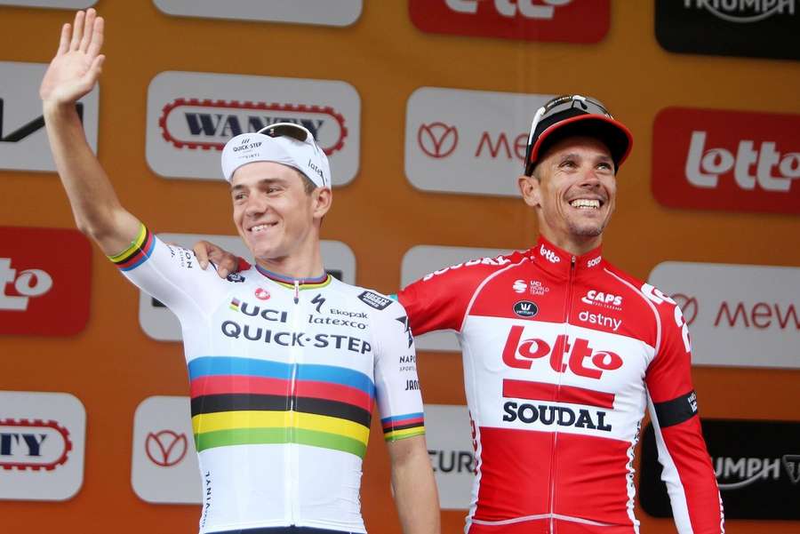 Philippe Gilbert à droite de Remco Evenepoel le 4 octobre.