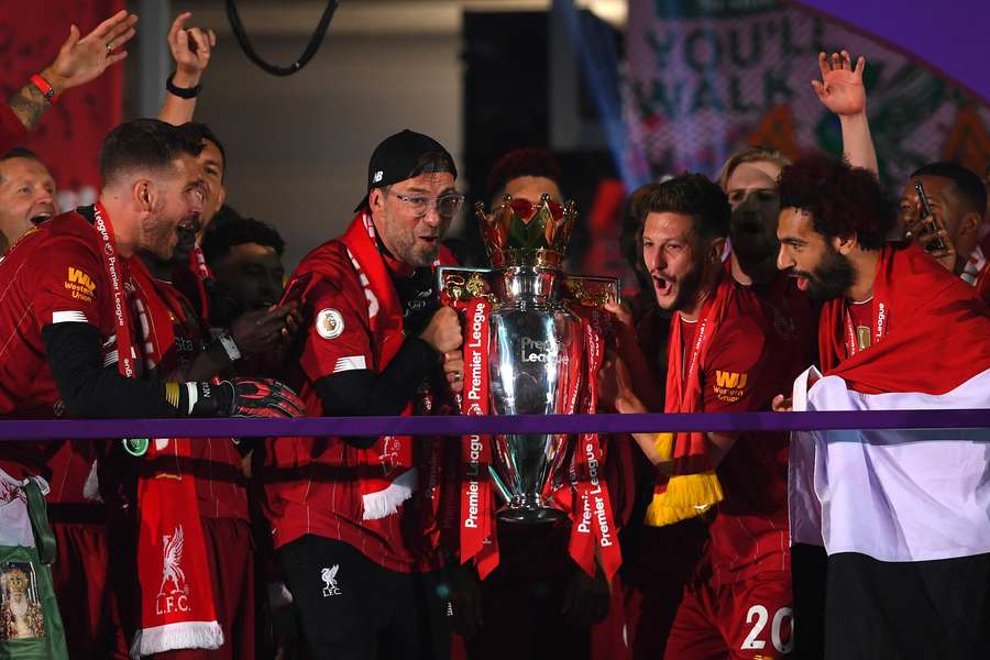 Jurgen Klopp celebrating Liverpool's 2019/20 Premier League title win.