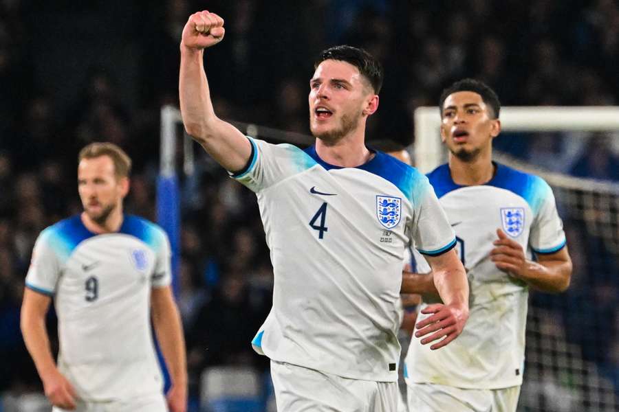 Declan Rice celebrates giving England an early lead in Naples