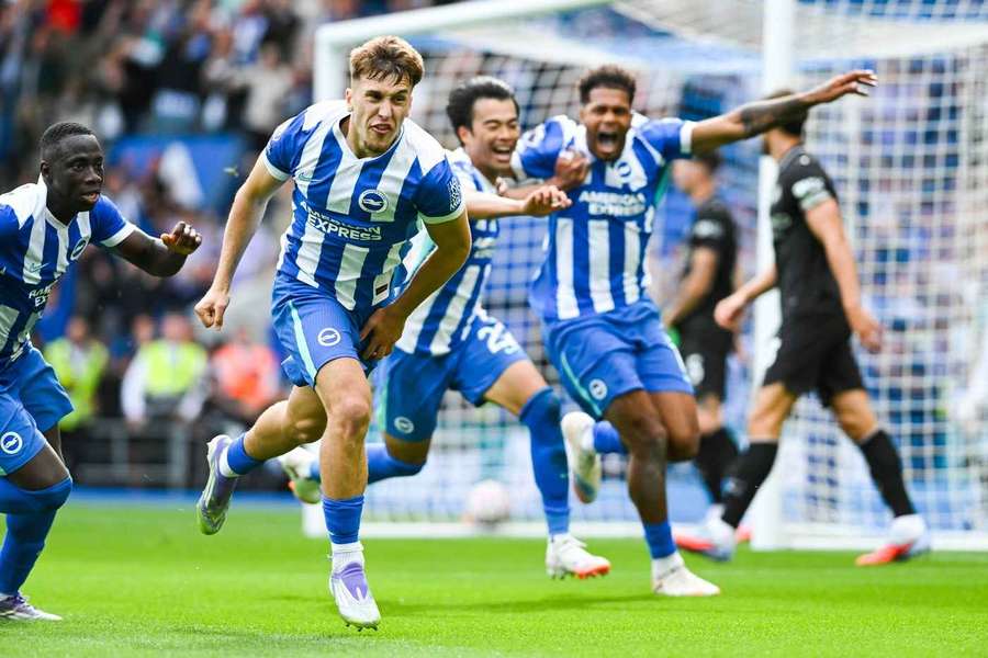 Brighton's Brajan Gruda celebrates after scoring the winner against Manchester City