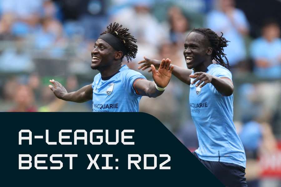 Sydney FC's Oriola Sunday celebrates his Sunday goal against Adelaide.