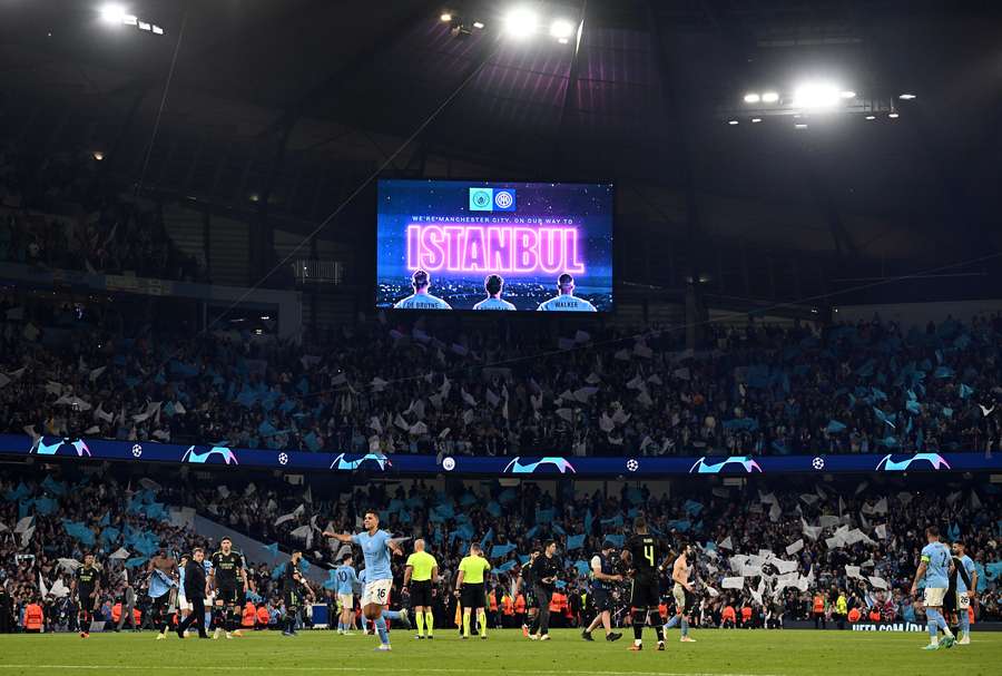Manchester City celebrate at full-time Manchester City celebrate at full-time