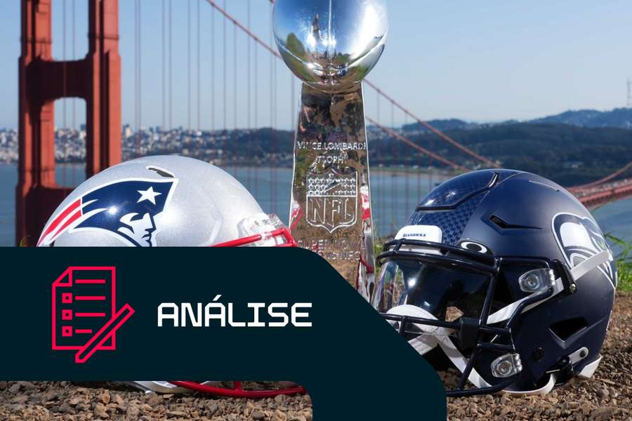 Capacete dos Patriots (à esquerda) e capacete dos Seahawks (à direita) com o Troféu Lombardi