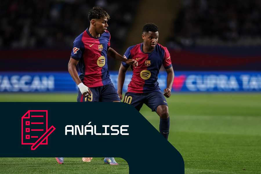 Lamine Yamal e Ansu Fati, do Barcelona, em ação contra o Maiorca