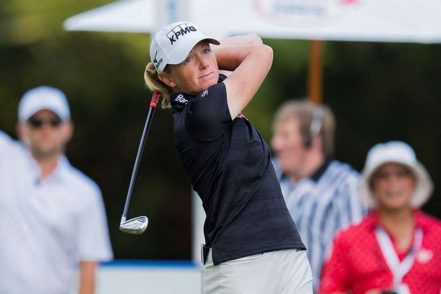 Stacy Lewis tees off on the seventeenth hole during the first round of the CPKC Women's Open golf tournament