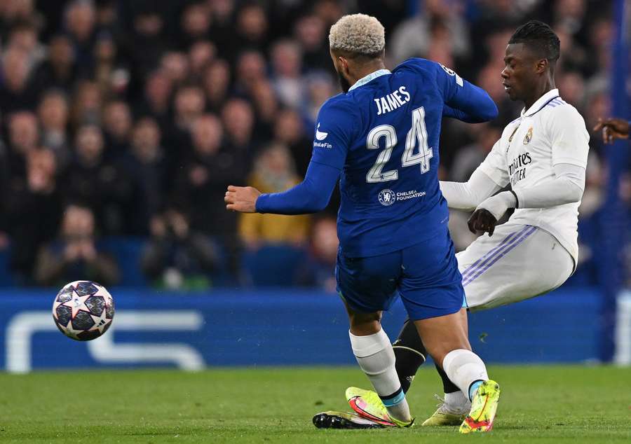 Chelsea's English defender Reece James fouls Real Madrid's midfielder Eduardo Camavinga Chelsea's English defender Reece James fouls Real Madrid's midfielder Eduardo Camavinga