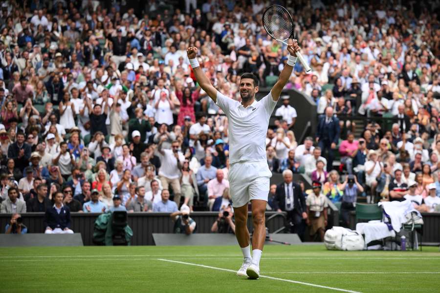 Novak Djokovic reacts after beating Andrey Rublev to reach the Wimbledon semi-final