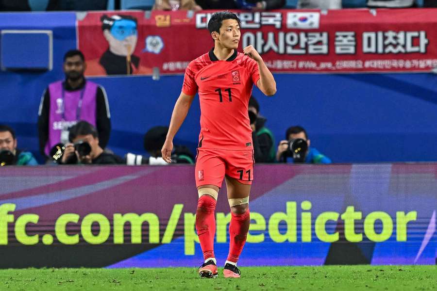 South Korea's Hwang Hee-Chan celebrates a goal during the 2023 AFC Asian Cup in Qatar.