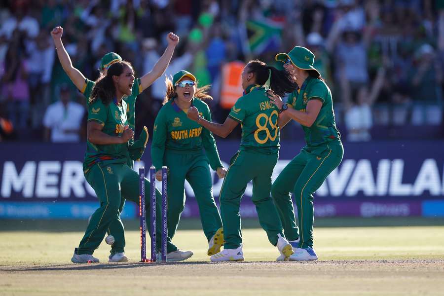 South Africa celebrate winning the semi-final T20 women's World Cup cricket match against England