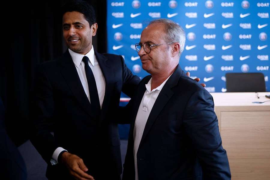 Nasser al-Khelaïfi et Luis Campos lors de la présentation de Luis Enrique. 