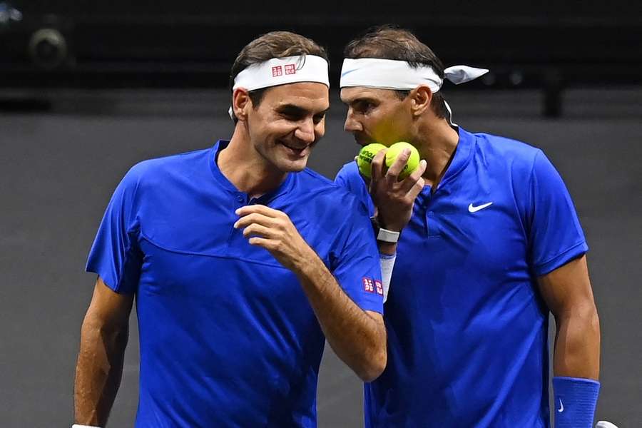 Roger Federer a Rafael Nadal během Laver Cupu 2022. Roger Federer a Rafael Nadal během Laver Cupu 2022.