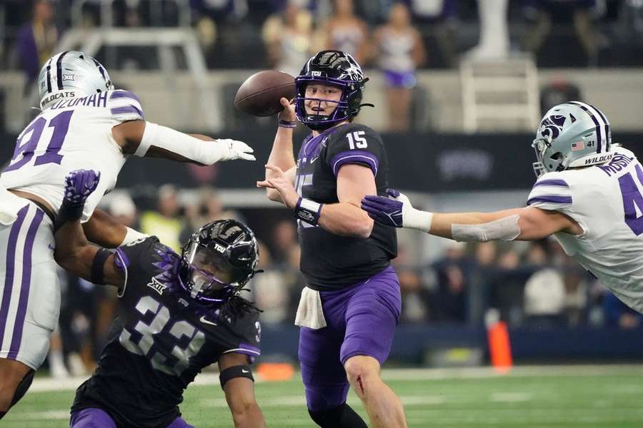 TCU quarterback Max Duggan in actie tijdens de Big 12 Conference championship