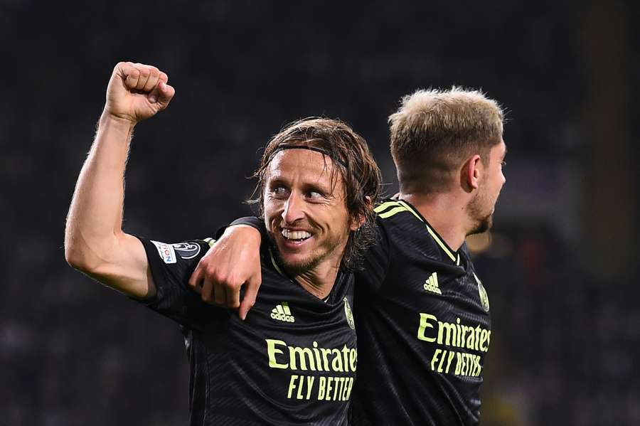 Real Madrid's Croatian midfielder Luka Modric celebrates after scoring his team's second goal