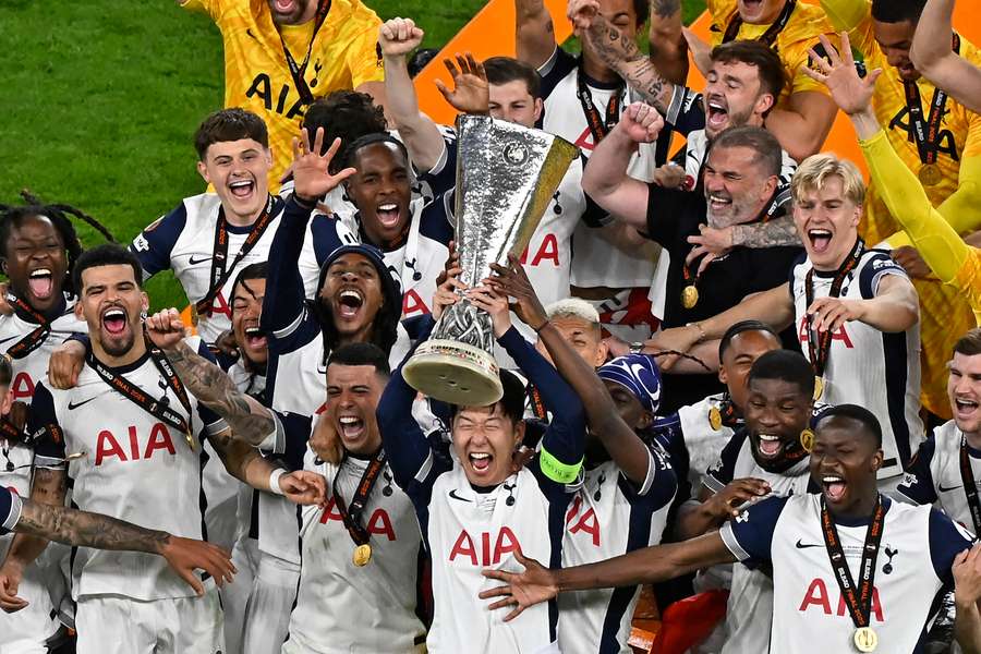 Tottenham captain Son Heung-min lifts the Europa League trophy