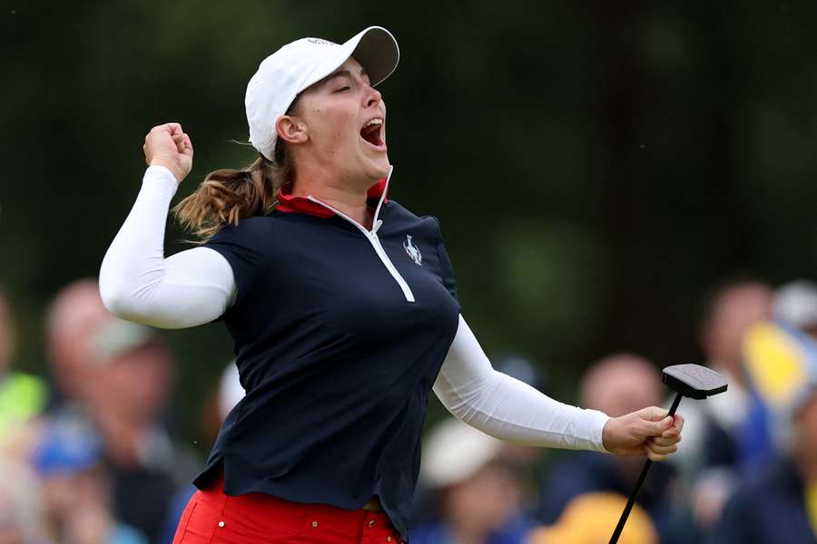 Jennifer Kupcho celebrates her putt to make it 8-8 Jennifer Kupcho celebrates her putt to make it 8-8