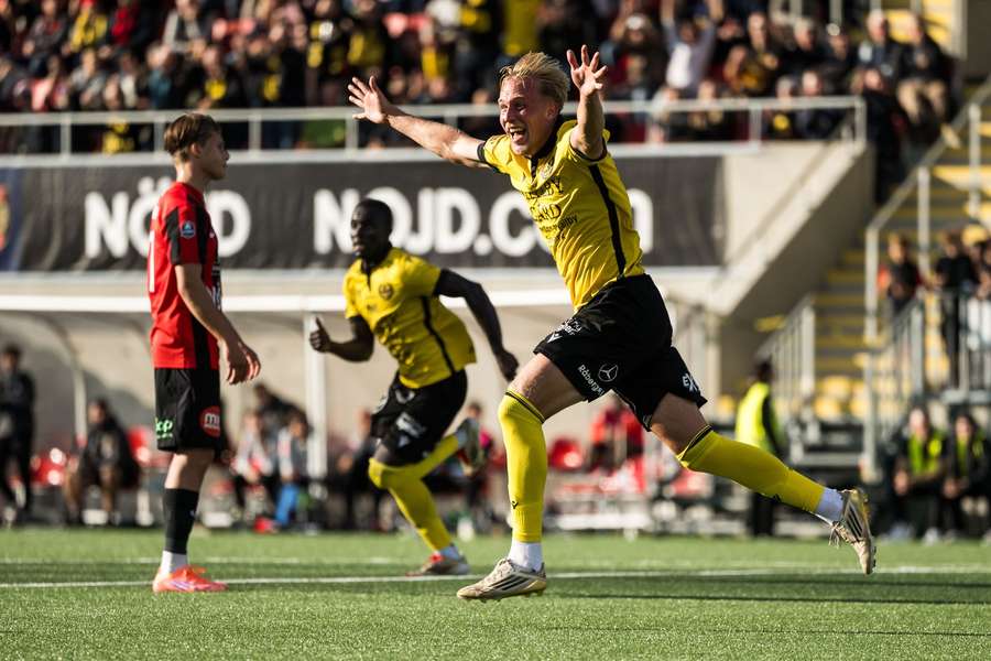 Herman Johansson celebrates scoring Mjallby's winner