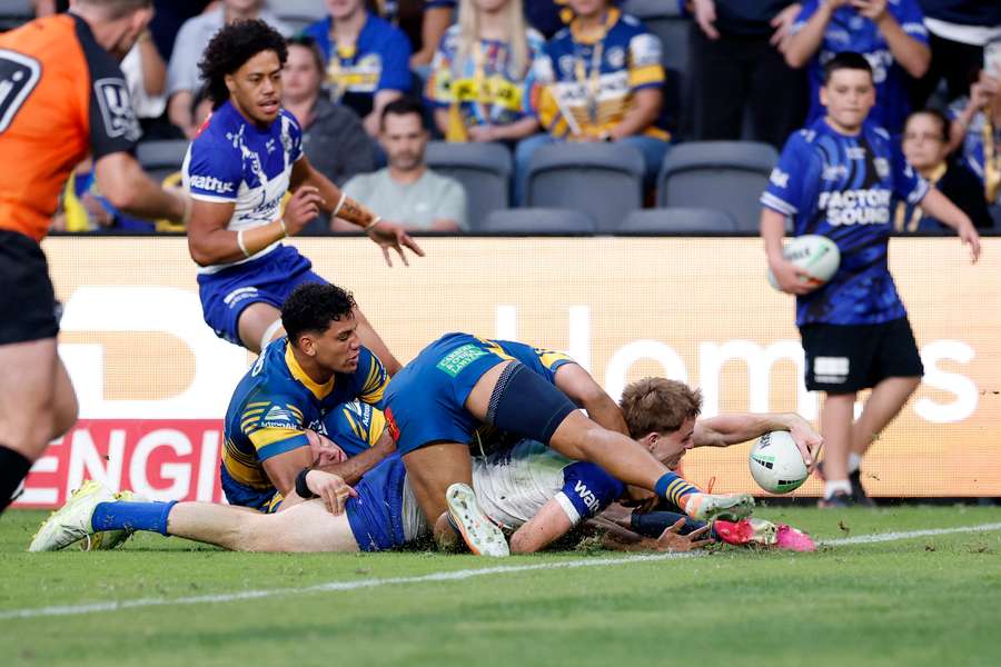 Lachlan Galvin scores a try against the Parramatta Eels during Round 7. Lachlan Galvin scores a try against the Parramatta Eels during Round 7.