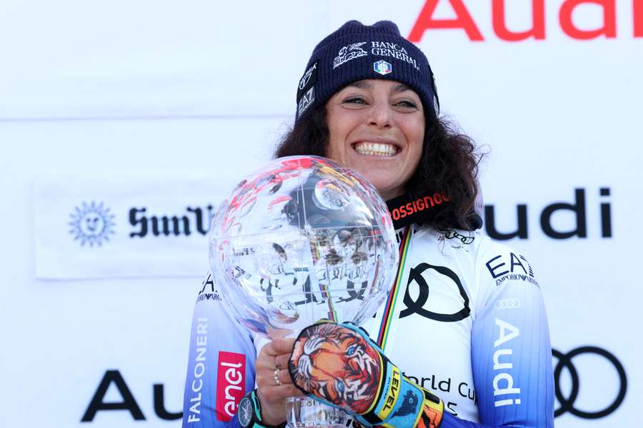Federica Brignone celebrates after winning the women's overall world cup during the STIFEL FIS World Cup Finals last month