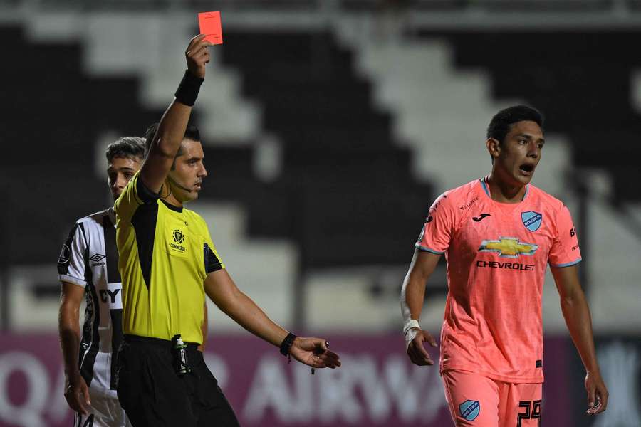 Cesar Menacho, pictured above being sent off in 2021, was the first to be dismissed in the game
