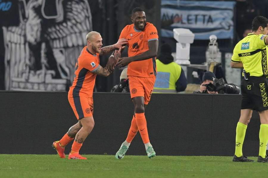 Marcus Thuram celebrates after scoring his team third goal 