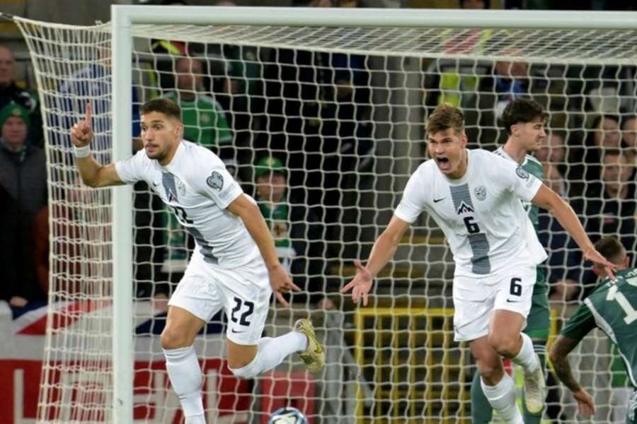 Adam Gnezda Cerin celebrates as Slovenia go 1-0 up inside the opening five minutes