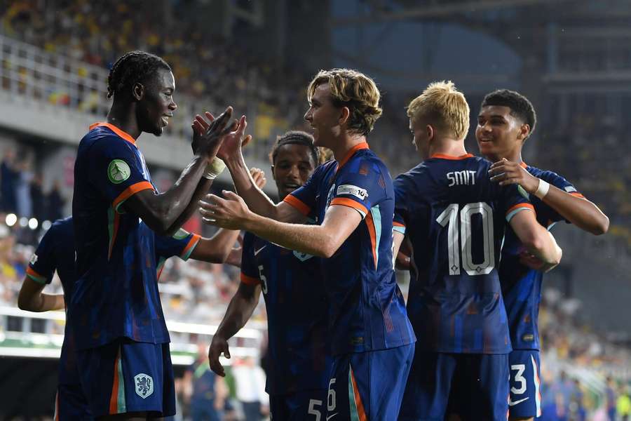 The Netherlands celebrate Don-Angelo Konadu's (L) 1-0 against Romania at the Under-19 European Championships