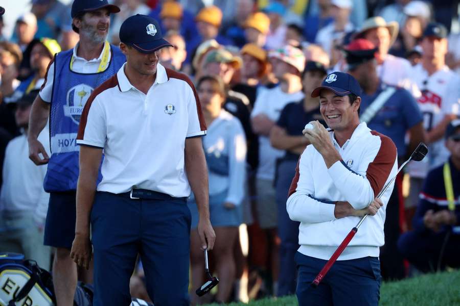 Team Europe's Viktor Hovland and Ludvig Aberg on the 1st green during the Foursomes