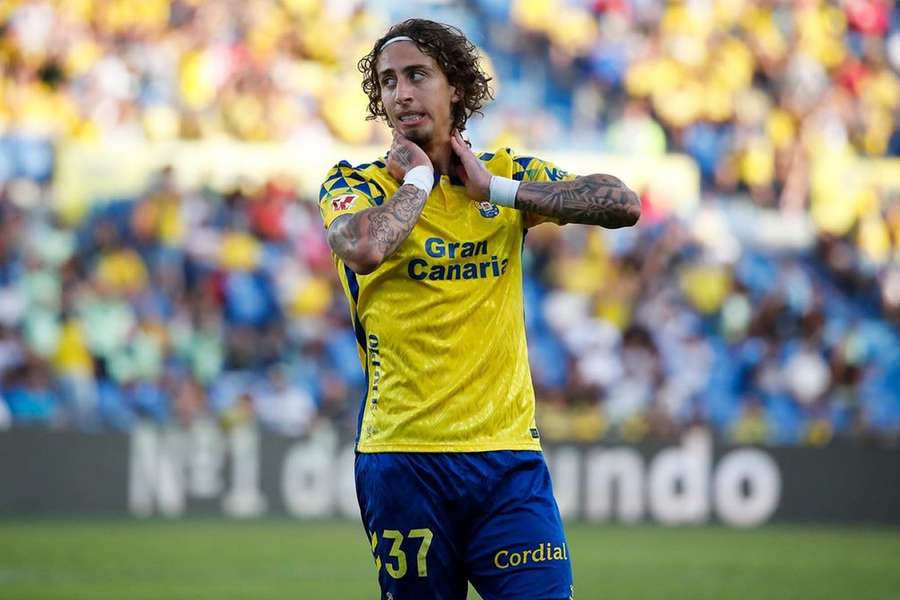 Fabio Silva celebrates his winning goal for Las Palmas