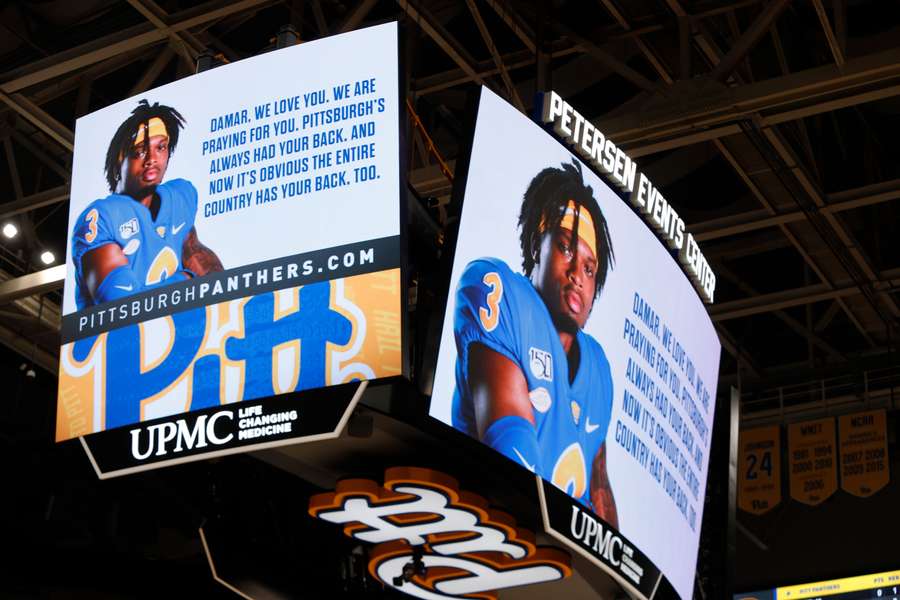 A scoreboard message in support of injured Buffalo Bills and former Pittsburgh Panthers defensive back Damar Hamlin is shown