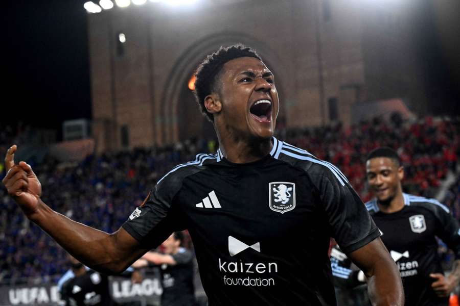 Ollie Watkins celebrates scoring against Bologna on Thursday