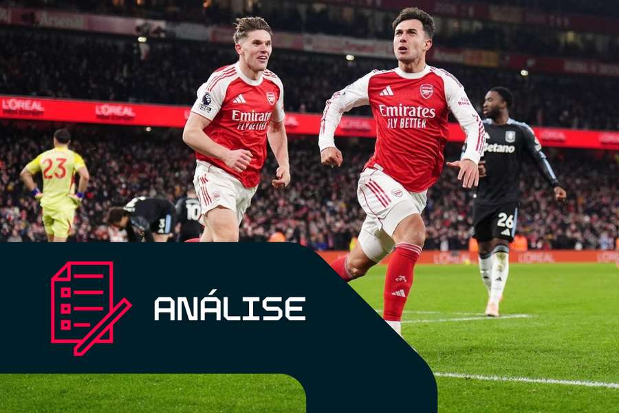 Martin Zubimendi, do Arsenal, celebra o golo frente ao Aston Villa Martin Zubimendi, do Arsenal, celebra o golo frente ao Aston Villa