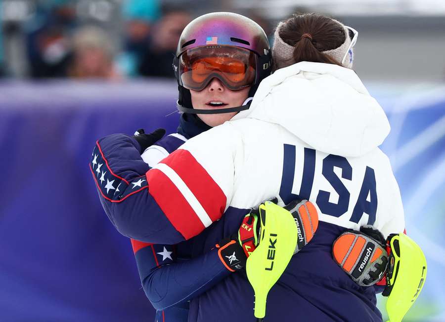 Mikaela Shiffrin of United States reacts after her run during the women's team combined slalom