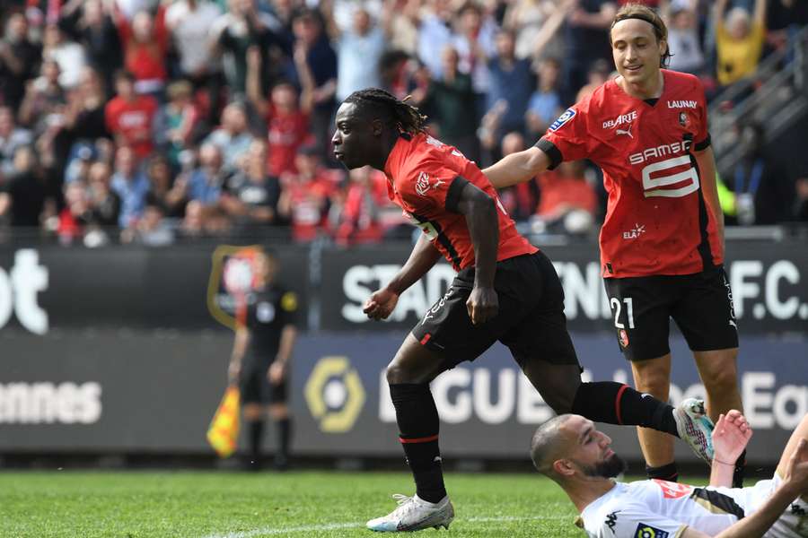 Rennes' Jeremy Doku after scoring