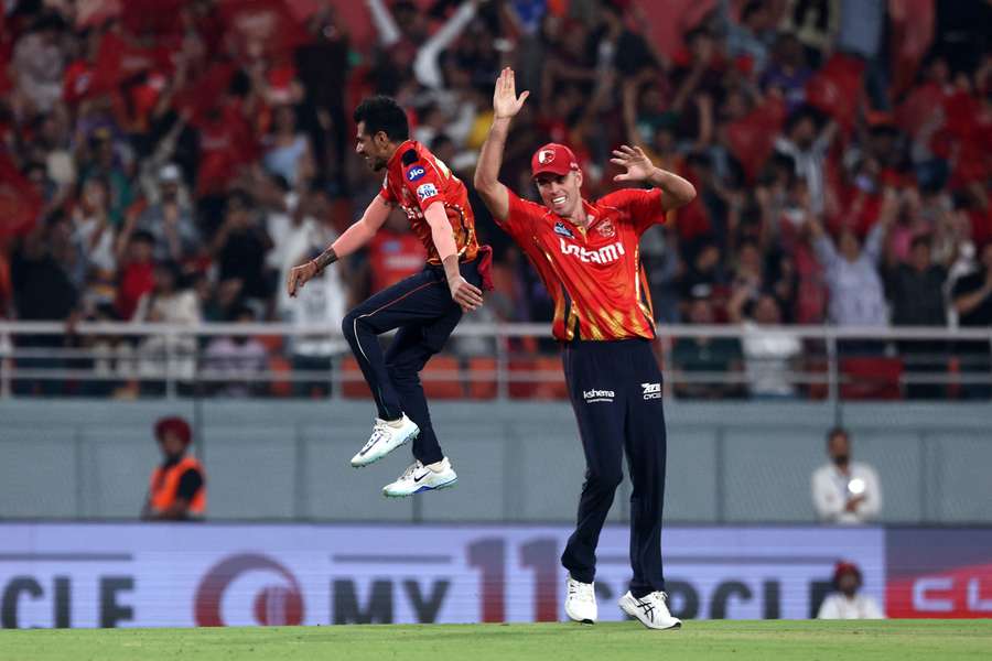 Yuzvendra Chahal of Punjab Kings celebrates the wicket of Ramandeep Singh of Kolkata Knight Riders