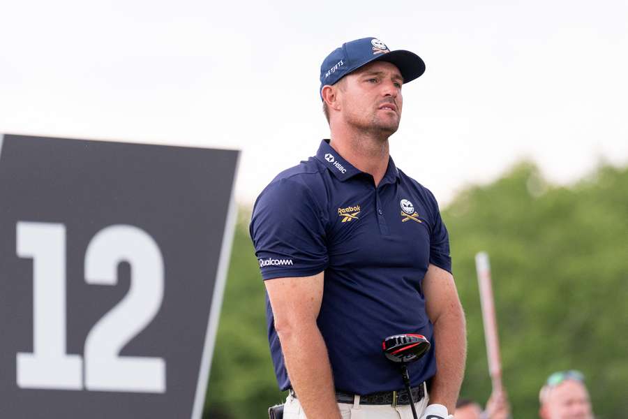 Bryson DeChambeau reacts to his drive during the final round of LIV Golf Virginia golf tournament at Trump National Golf Club