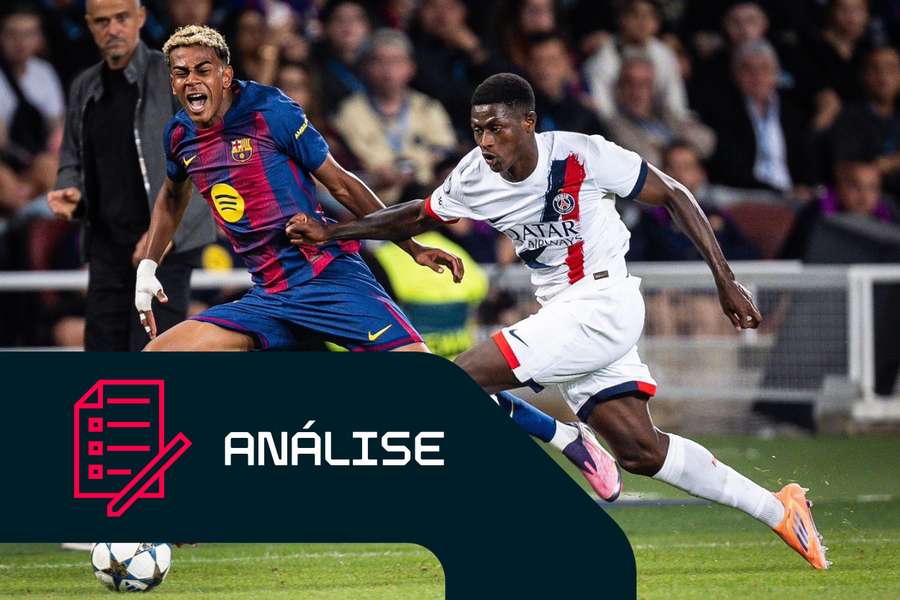 Lamine Yamal, do Barcelona, pressionado por Nuno Mendes, do Paris Saint-Germain Lamine Yamal, do Barcelona, pressionado por Nuno Mendes, do Paris Saint-Germain