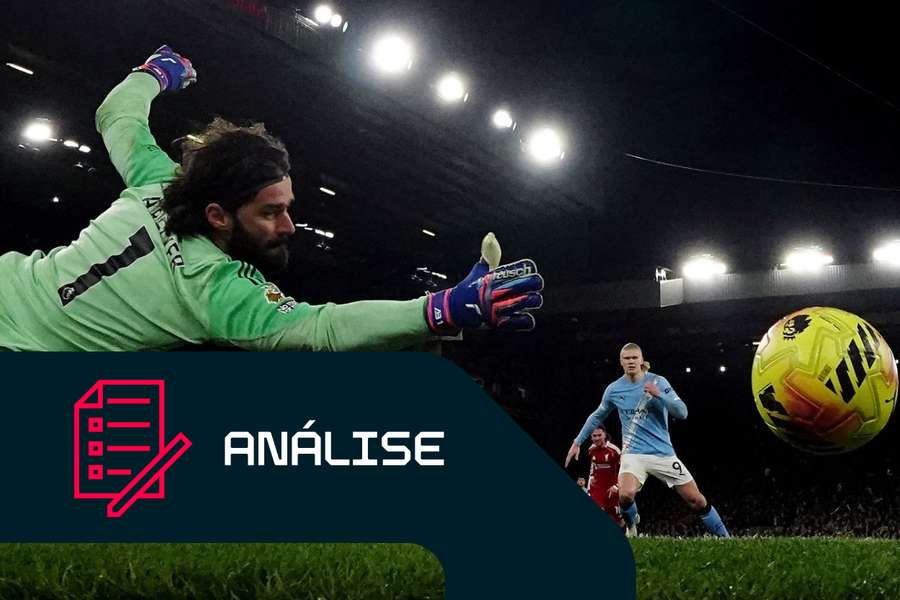 Erling Haaland, do Manchester City, marca um penálti perante Alisson Becker, do Liverpool