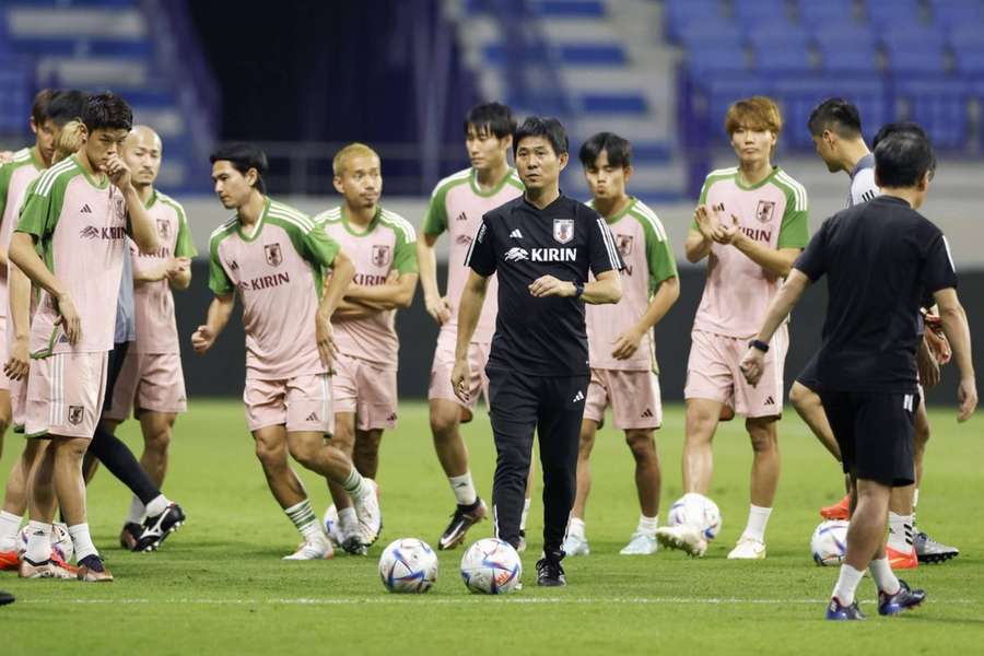 Japan head coach Hajime Moriyasu leads a training session.