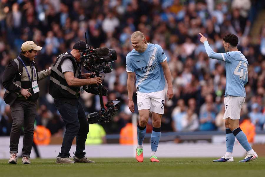 Haaland (centre) scored the winning goal against Arsenal