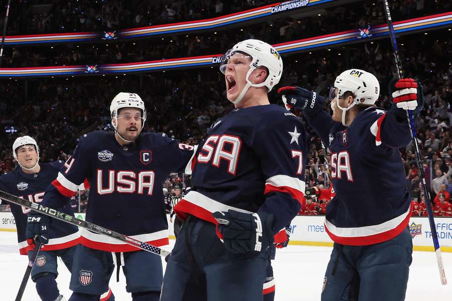 United States' Brady Tkachuk celebrates goal during 2025 4 Nations Face-Off