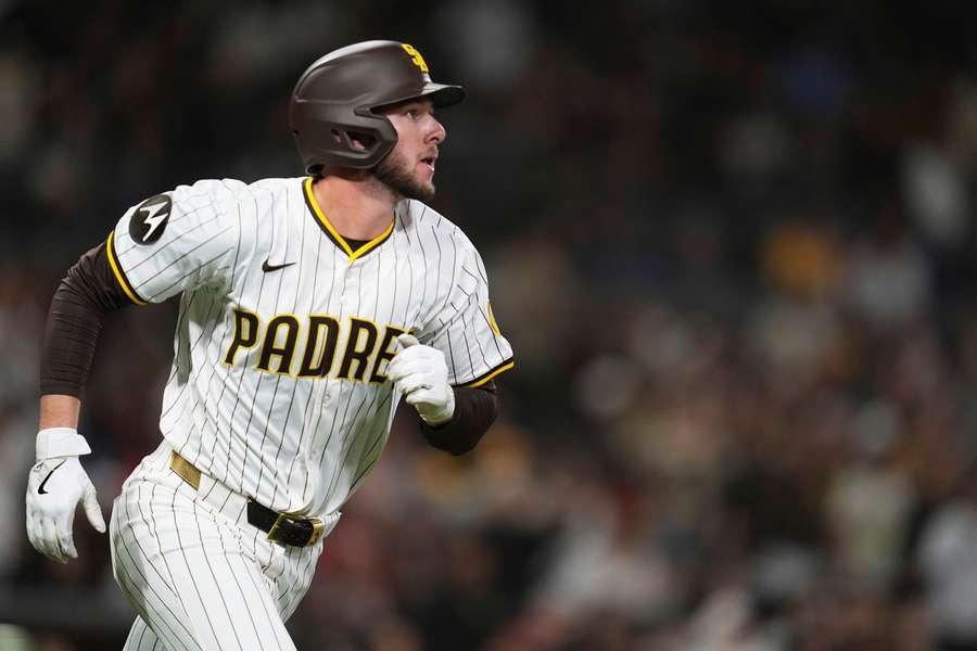 San Diego Padres' Jackson Merrill watches his home run during the fourth inning against the Cleveland Guardians
