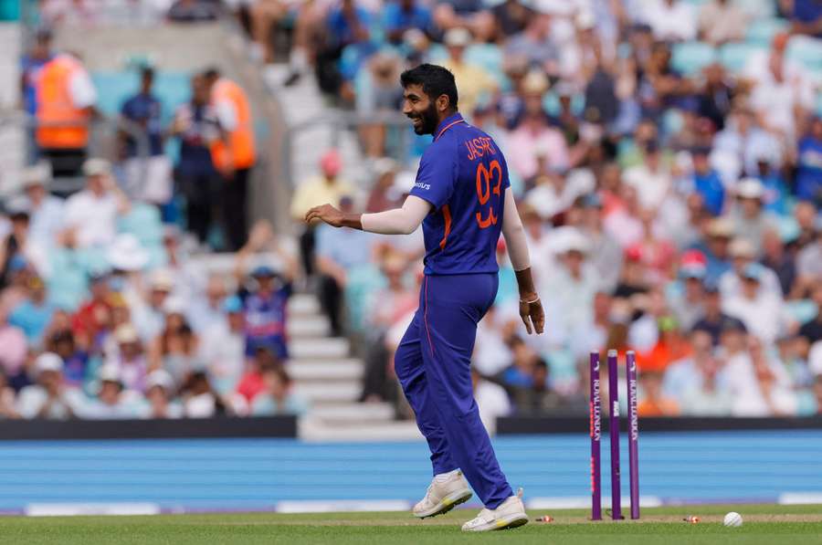 Jasprit Bumrah celebrates bowling out England's Liam Livingstone