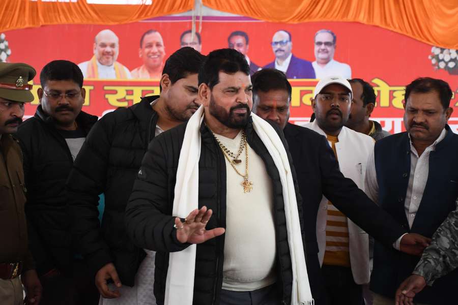 Brij Bhushan Sharan Singh arrives at a press conference to address the allegations made