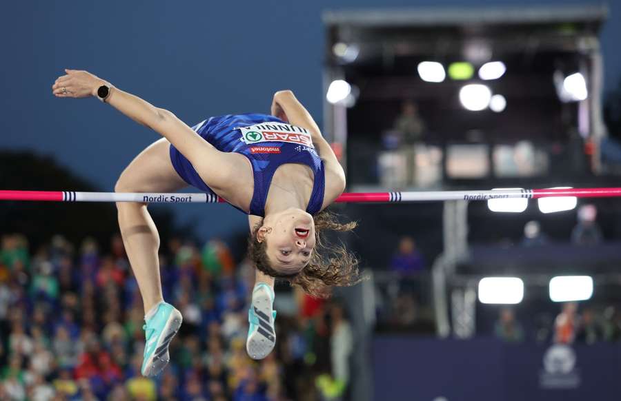 Ella Junnila clears the bar in the high jump final Ella Junnila clears the bar in the high jump final