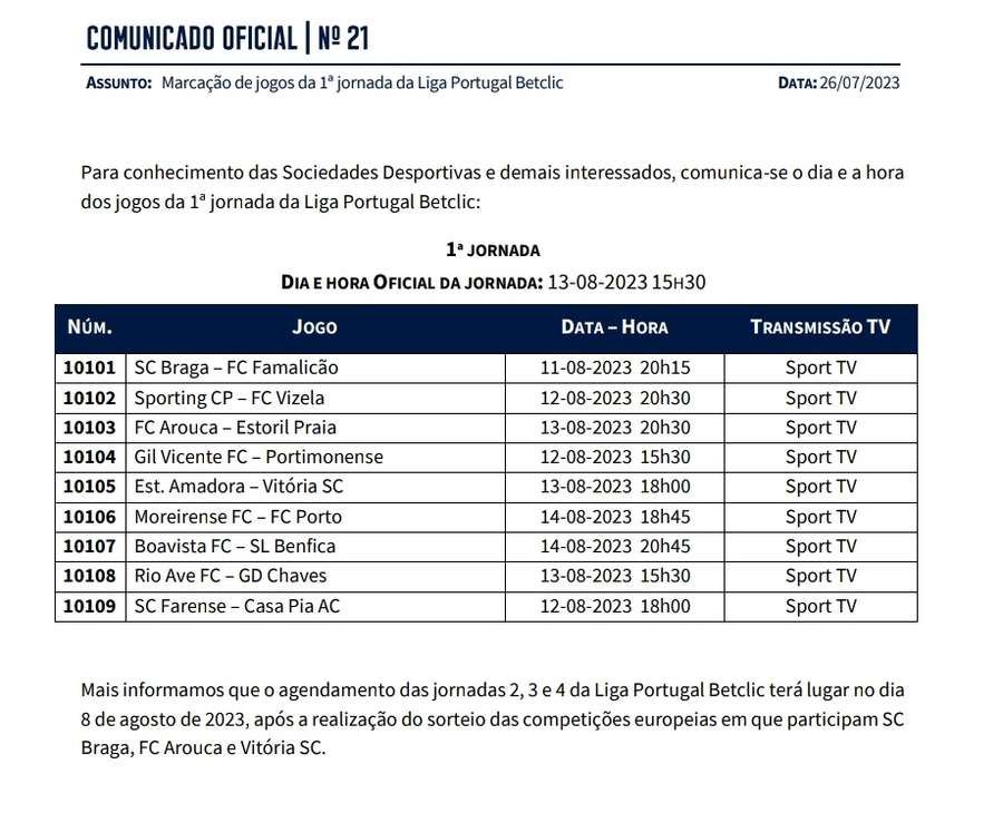 Horários das jornadas 9 a 13 da Liga NOS - FC Famalicão