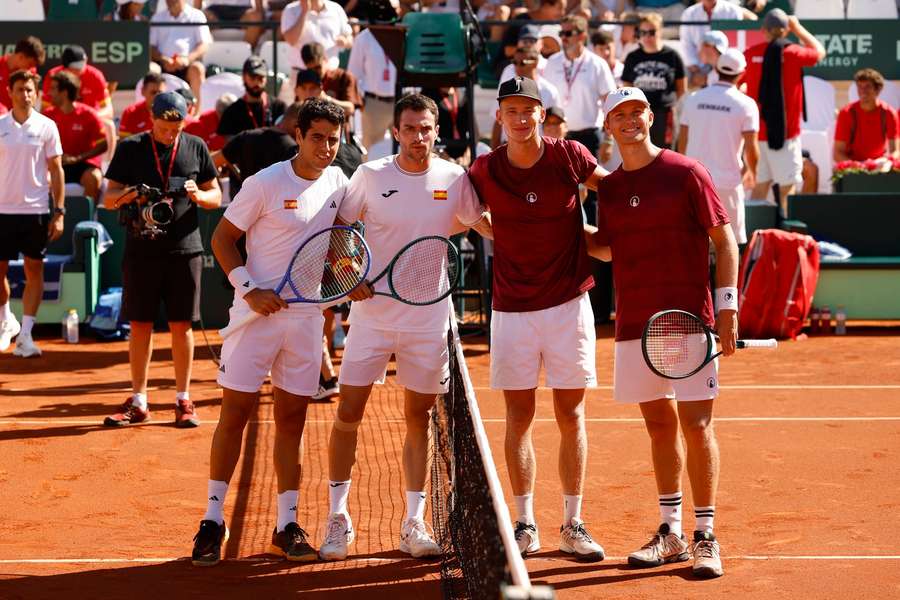 Davis Cup's Spanish team tennis players Pedro Martinez and Jaume Munar and Danes August Holmgren and Johannes Ingildsen 