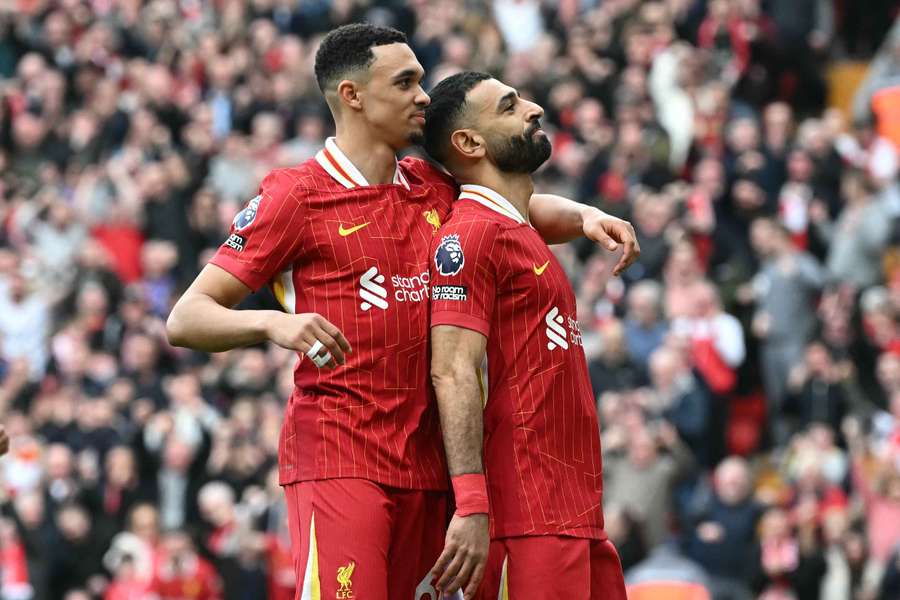 Mohamed Salah, right, celebrates scoring with defender Trent Alexander-Arnold