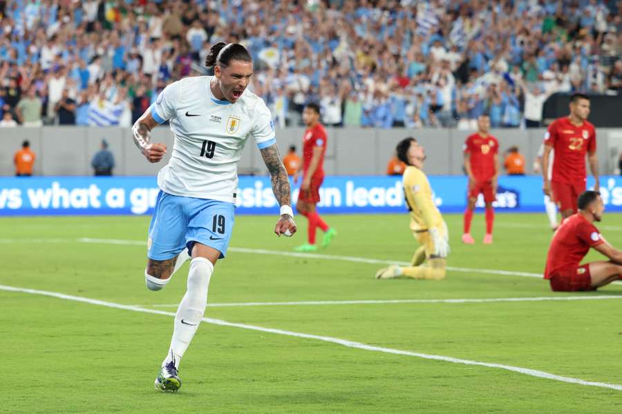 Nunez celebrates his seventh consecutive goal for Uruguay