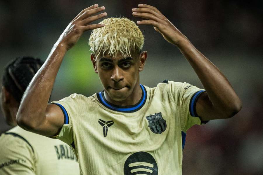 Lamine Yamal celebra su segundo gol, el tercero del Barça ante el FC Seúl