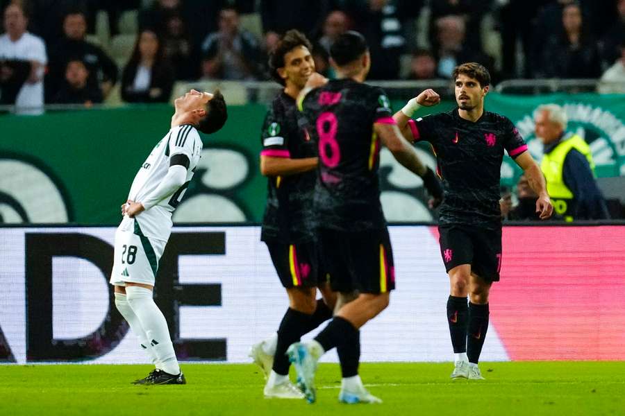 Panathinaikos' Facundo Pellistri reacts after Chelsea's Joao Felix scores his side's third goal